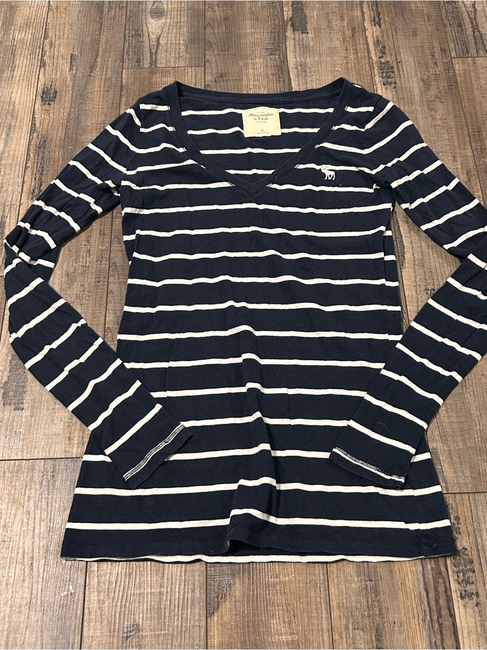Abercrombie Fitch Blue White Striped V-Neck Long Sleeve Top Womens Y2K Vtg Sz M